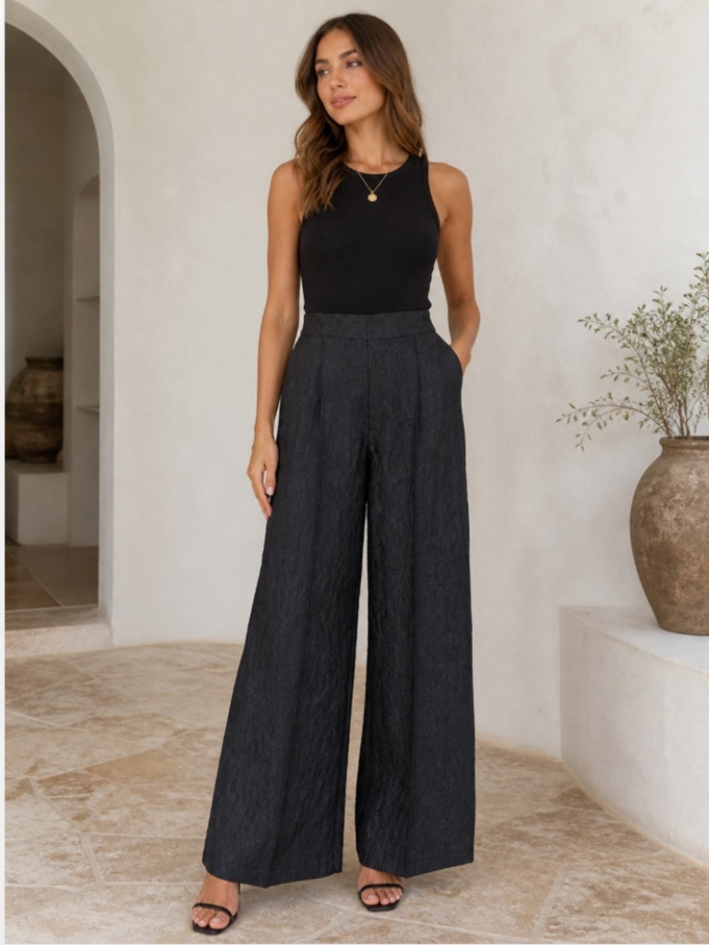 HOUSE OF HARLOW 1960 High-Waist Textured Palazzo Wide Leg Pants Black Size XS